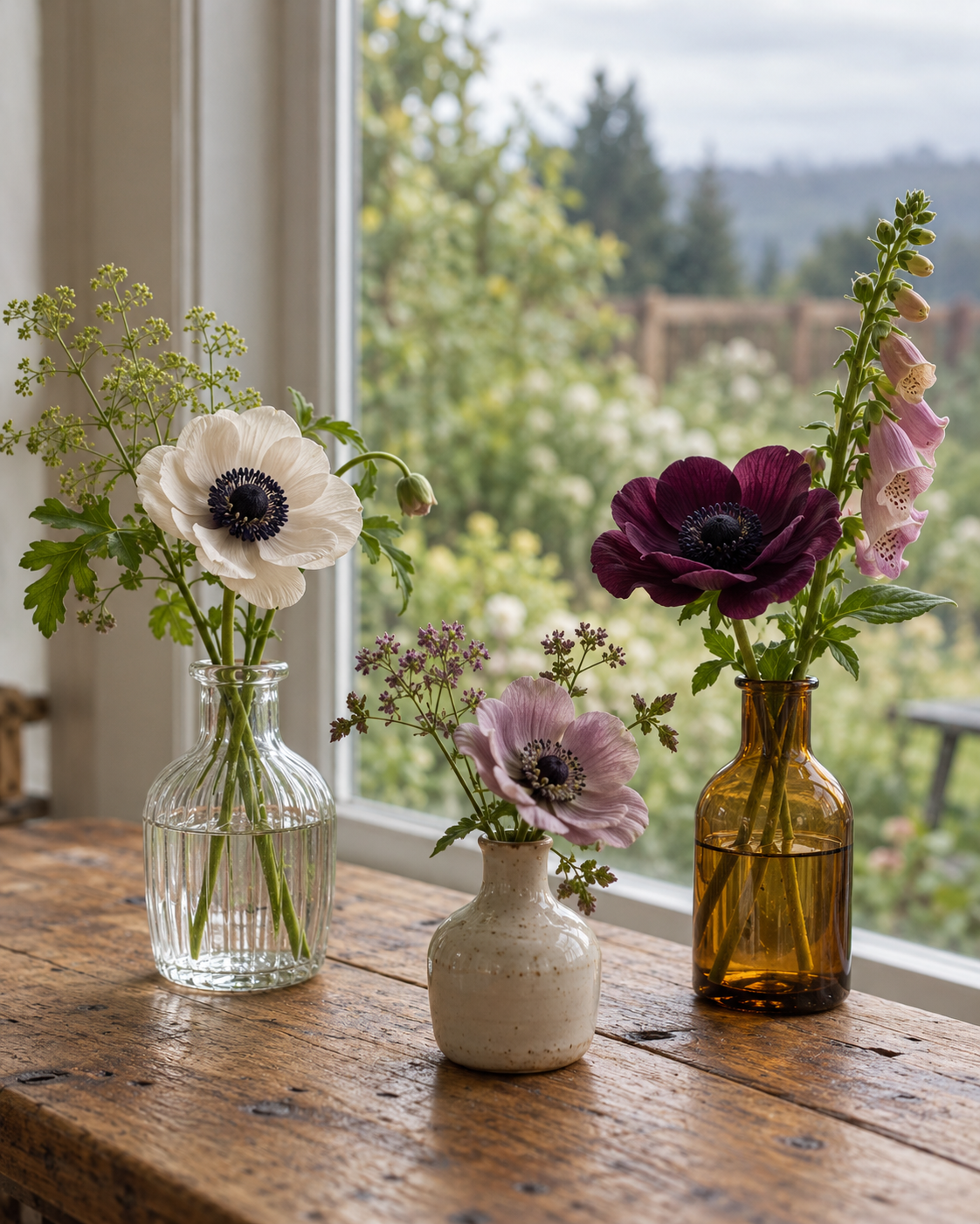 Three small bud vases with cream and plum flowers, airy green stems and softly lit garden surroundings