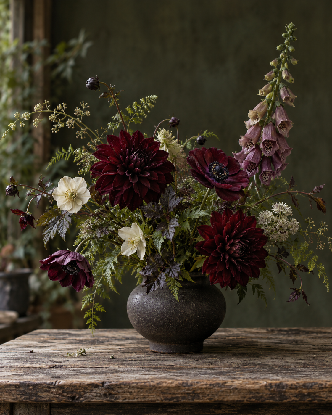 An airy garden arrangement of deep burgundy dahlias, plum anemones, mauve foxglove and fern greenery in a dark vase